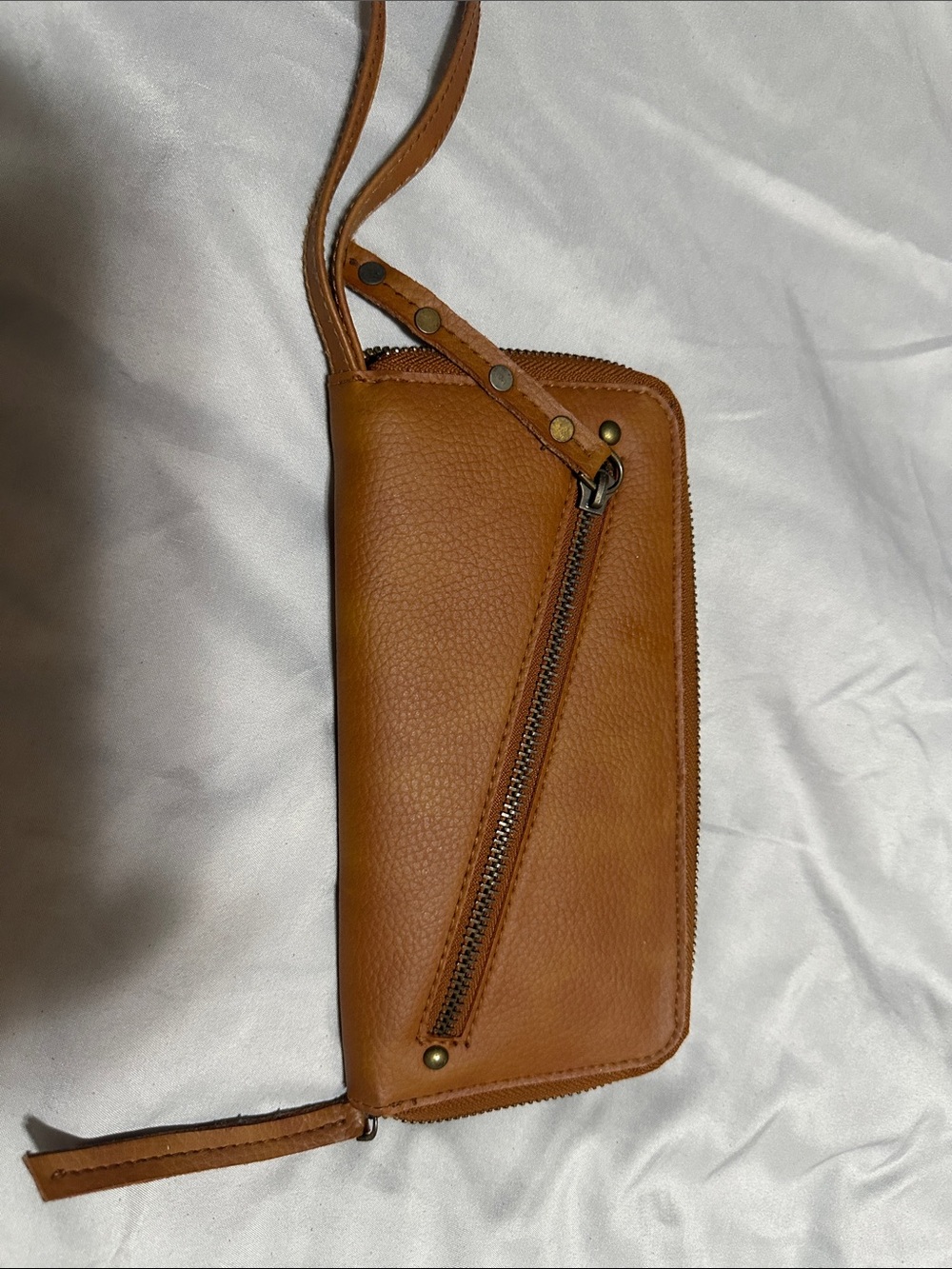 Free People Tan Leather Wristlet Wallet with Front Zip Pocket